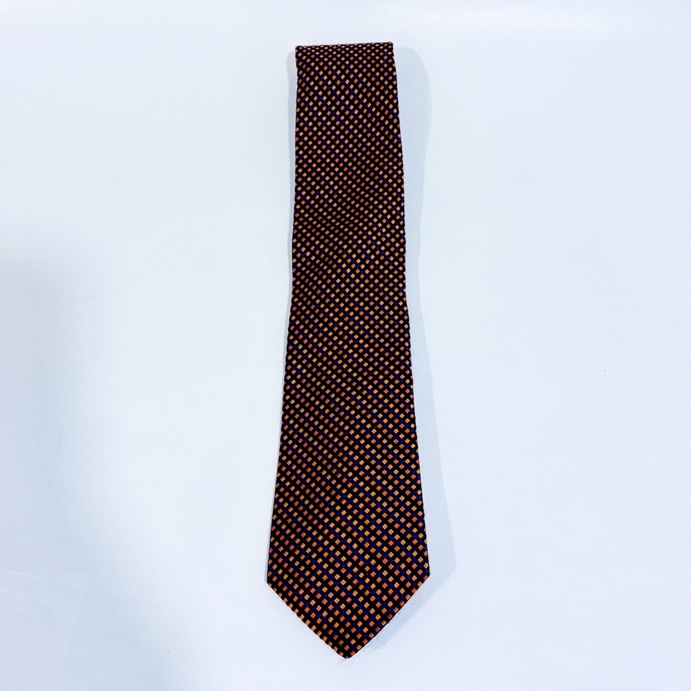 TOMMY HILFIGER – Orange and navy silk plaid tie |‎ Classic pattern